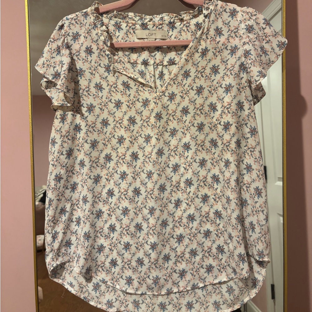 LOFT Floral Blouse - Cream and Blue